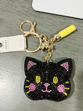 Juliet by Crystal Avenue Black Cat Rhinestone Keychain with Yellow Tassel